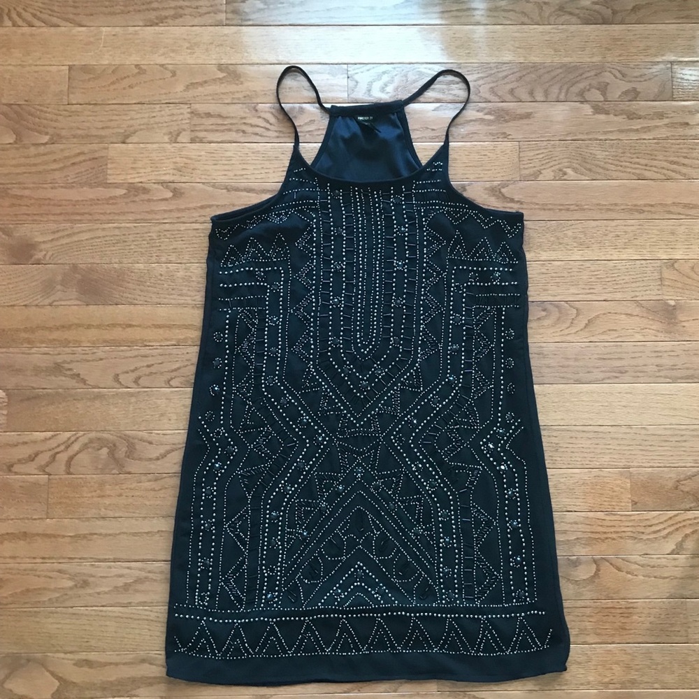 Black beaded sheath dress with spaghetti straps